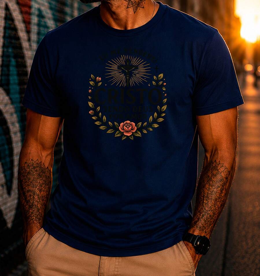 Camiseta Jesus Cristo Cruz Religiosa Fé Amor Natureza Floral 100% Algodão Estampa DTF Premium - Azul Marinho - Visão 1