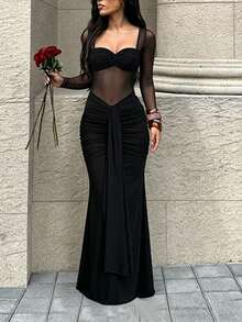 1pc Solid Color Elegant Party Knit Fabric Mesh Sheer Patchwork Design Long Sleeve Dress Formal Evening Beach Vacation Bachelorette Party Back To School Party Summer - Black - View 4
