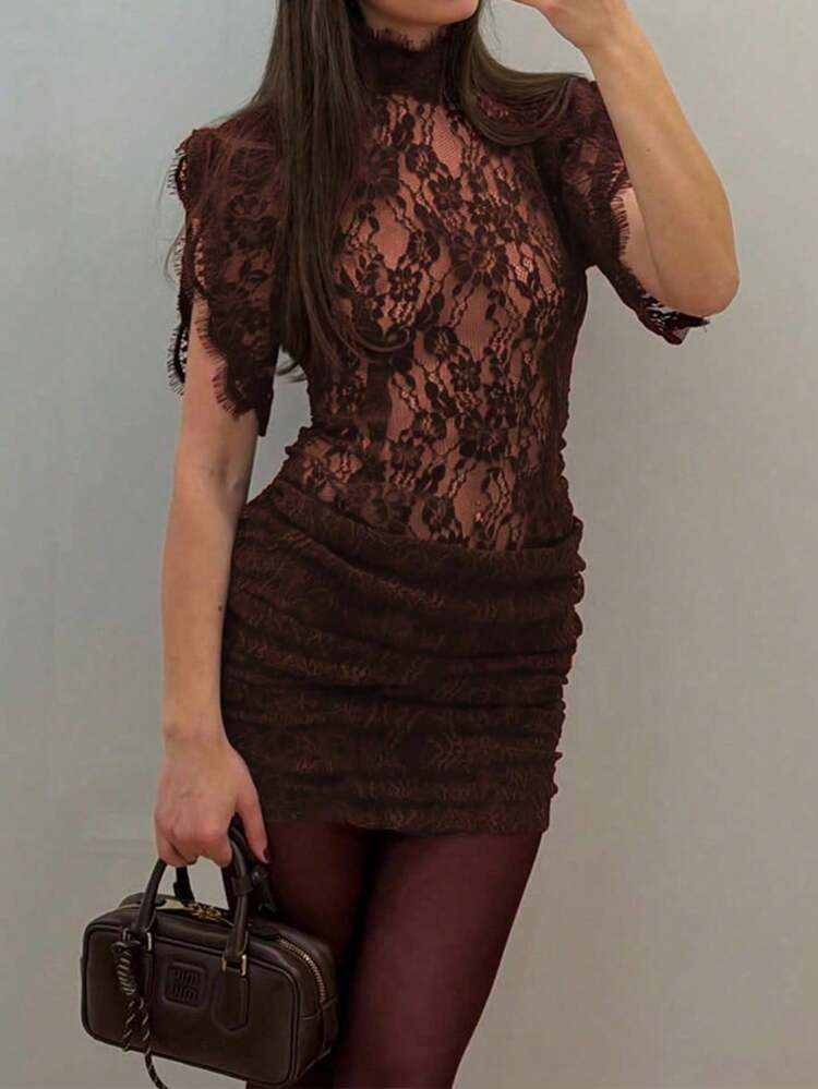 Sexy Lace Sheer Mini Bodycon Dress, High Neck Short Sleeve, Elegant Brown Cocktail Party Dress For Women - Brown - View 4