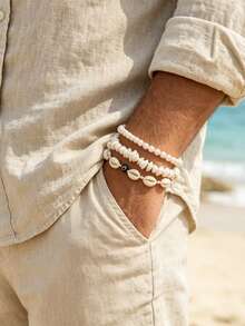 3pcs/Set Men's Beach Layered Bracelet Set: Seashell, Pearl, Evil Eye Stone Beaded Bracelets, Bohemian Style Vacation And Daily Wear Jewelry - White K - View 5