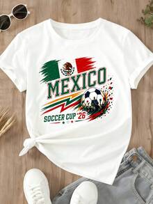 Camiseta con Diseño de Bandera y Balón de la Copa de Fútbol de México 26 para Eventos Deportivos, Blusas Casuales para Dama - Blanco - Ver 2