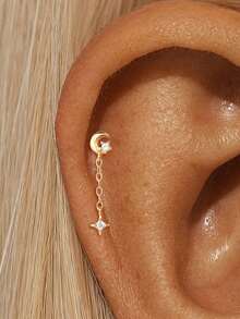 EleRunis 1PC 925 Sterling Silver Tassel Star Moon Flat Back Labret Conch Tragus Cartilage Helix Threaded Piercing Fine Jewelry For Daily Wear Party - Gold - View 23