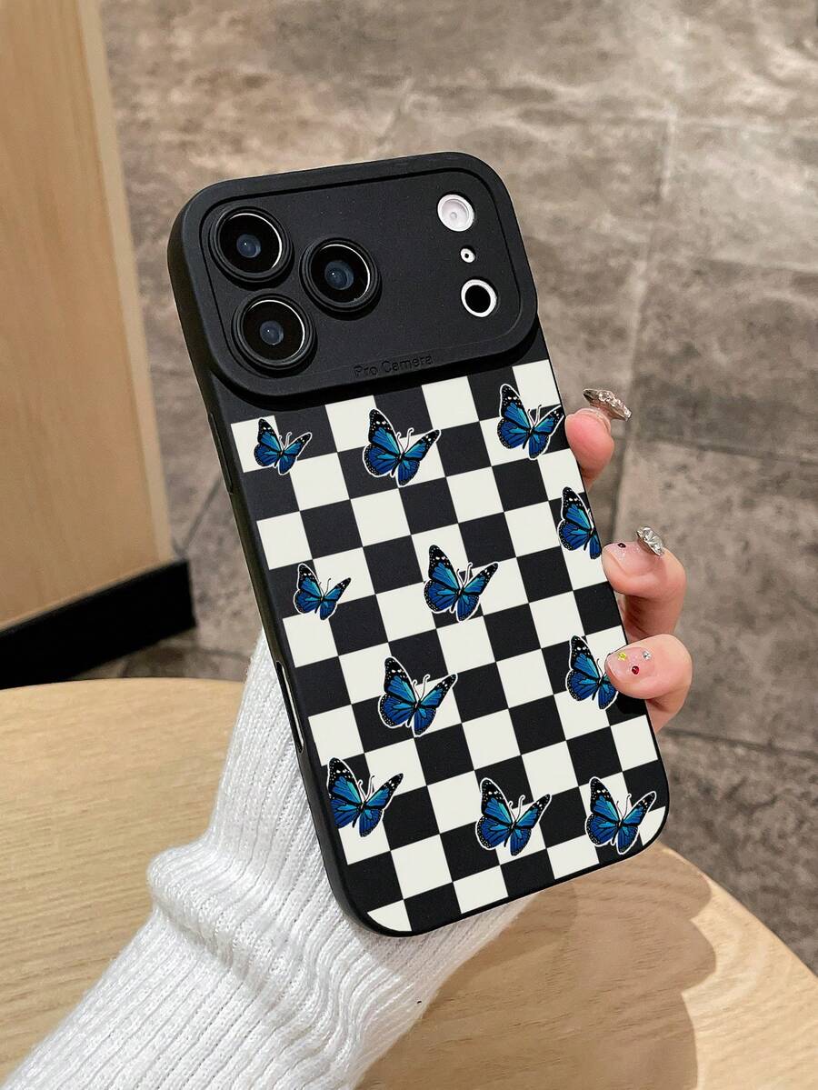 格子手機殼 1件裝 黑白棋盤格藍色蝴蝶手機殼 360°全方位保護 TPU 磨砂霧面手機殼,相容 iPhone 17 Pro Max、 13、 15、 16 Pro Max、 16 及 Galaxy 手機,可愛手機保護殼,Y2K 配件,手機配件,快速出貨,可作為禮物或個人使用 - 彩色 - 查看 1
