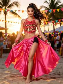 Belly Dance Coin Fringe Mesh Halter Crop Top, Double High Slit Flowy Satin Maxi Skirt For Stage Performance & Carnival - Multicolor - View 6