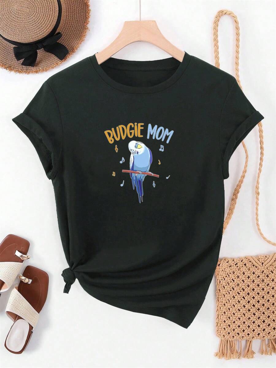 Camiseta corta de verano para mujer con cuello redondo y diseño BUDGIE MOM