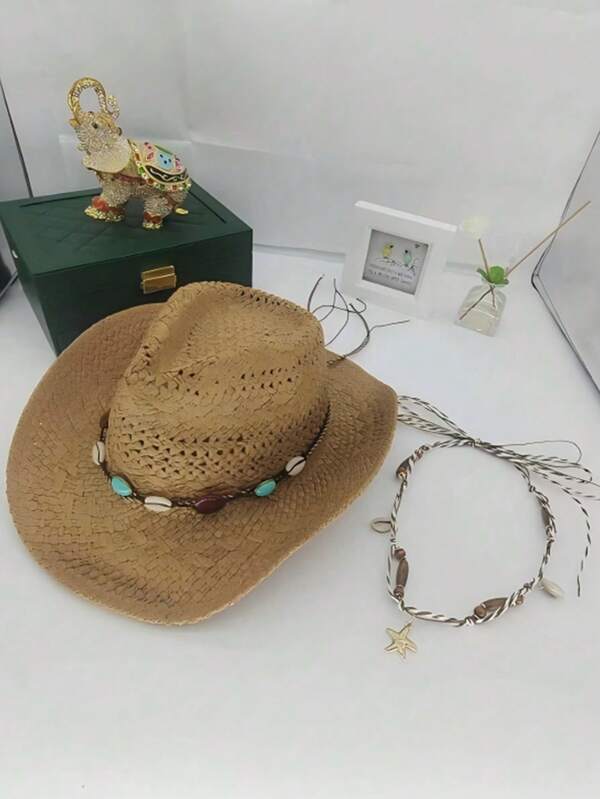 1pc Bohemian Shell Hollow Straw Hat, Western Cowboy Beach Hat, Pure Handmade Woven Straw Hat (Folded Packaging), Mother's Day Gift For Mom, Easter Suitable, Perfect For Photography