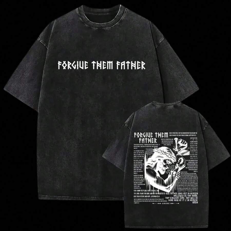Camiseta Casual para Hombre con Cuello Redondo y Diseño "Perdónalos, Padre", Regalo Festivo para el Día del Padre - Negro - Ver 1