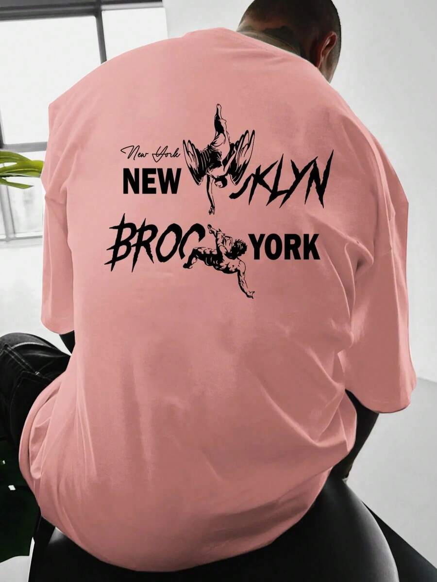 Camiseta de Cuello Redondo con Estampado de Ángel para Hombre, Camiseta Holgada de Manga Corta para Verano, Camiseta para Uso Diario - Rosa - Ver 1