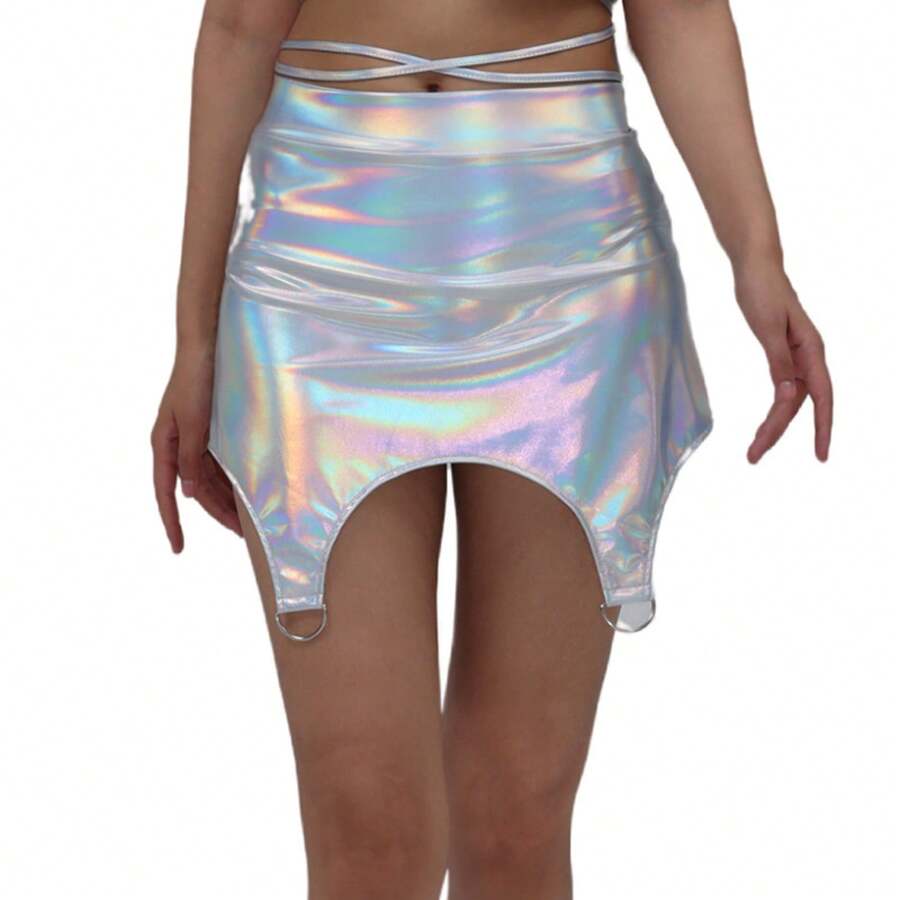 Performance Dress With A Patent Leather Skirt Featuring Gold Embossing. A Unique And Shimmering Design That Flatters And Slims The Figure, Perfect For Nightclubs. Party Wear, Dropshipping Available. - 鐳射銀 - 查看 1