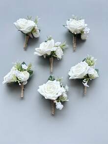 1 pieza/6 piezas Flor de rosa de marfil artificial, prendedor de novio, corsage para hombre, hermano, graduado, pin para traje, boda, flores DIY, decoración de fiesta - Blanco lechoso - Ver 3