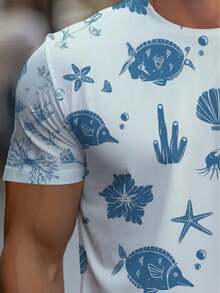 Camiseta de manga corta casual de verano para hombre, hecha de poliéster con diseño oceánico, ligera y transpirable, perfecta para la playa, cafeterías o actividades al aire libre, en un esq - Negro - Ver 4