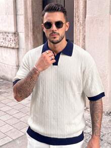 Men's Knitted Polo Shirt, Contrast Color Collar, Short Sleeve, Loose Fit, Dropped Shoulder, Italian Luxury Style, Vertical Stripe Texture, Color Block Trim, Spring/Summer - White - View 3