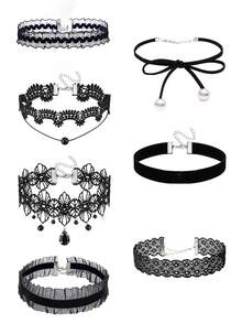 Bộ 7 vòng cổ choker ren vintage phong cách Gothic cho nữ, dây chuyền đeo cổ xương quai xanh thời trang - Nhiều màu - Xem 1