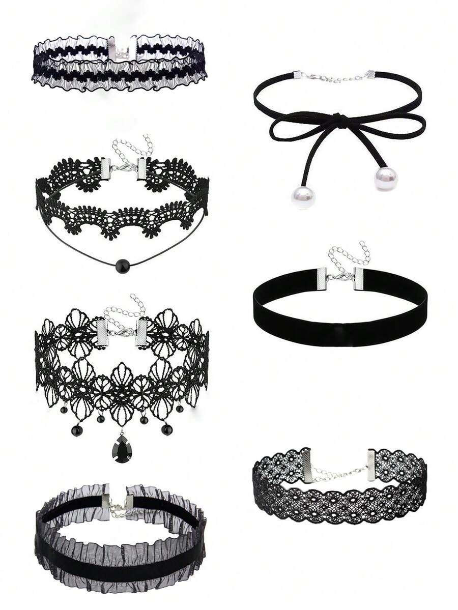 Bộ 7 vòng cổ choker ren vintage phong cách Gothic cho nữ, dây chuyền đeo cổ xương quai xanh thời trang - Nhiều màu - Xem 1