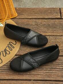 Women's Comfortable Soft Sole Fashion Patchwork Slip-On Round Toe Black Loafers Casual Style Summer Daily Wear Shopping Work Black Driving Loafers Plus Size Women's Flat Shoes Fall Shoes - Black Lychee Pattern With Black Velvet Finish - View 7