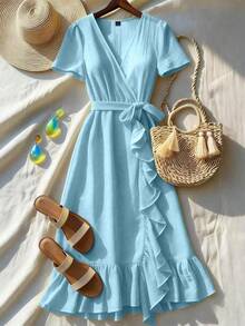 Vestido elegante de media longitud con cuello en V con volantes y ajustado para vacaciones para mujer de talla estándar - Verde Oscuro - Ver 8