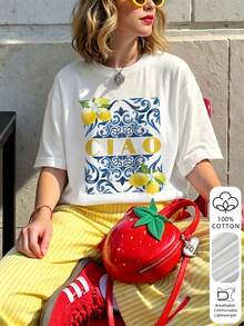 Maglietta da donna estiva CIAO con stampa di piastrelle mediterranee al limone, vestibilità ampia, 100% cotone, stile costiero italiano, bianca - Bianco - Visualizzare 3