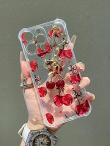 1件透明純色手機殼，附相機保護與可愛卡通櫻桃豹紋蝴蝶結圖案，附櫻桃吊飾，適用於 18/18Pro/17Promax/17/17Air/17pro/17promax/16/16Pro/16plus/16Promax/15/14/13/12/11/13/14 Pro Max/11，軟TPU防震防摔保護手機殼 - 透明7 - 查看 3