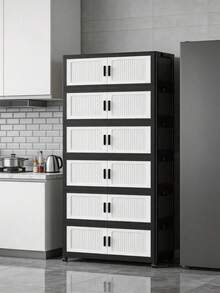 1pc 50cm Wide Folding Storage Cabinet, Large Capacity Multi-Layer Folding Storage Cabinet Set, Stackable Double Door Plastic Storage Cabinet, Multi-Purpose Home Storage Cabinet, Can Store Clothes, Books, Toys, Waterproof And Dustproof, With Wheels, Suitable For Bedroom, Living Room, Study, Bathroom, Home Organization, Christmas Decoration, Kitchen Storage Rack - Black and White - View 7