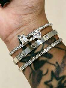 /piezas de pulsera de acero inoxidable chapada en oro de con corazóde diamantes de imitació, brazalete abierto con incrustaciones de cobre y circonita artificial, conjunto de pulse - Plata 2 - Ver 7