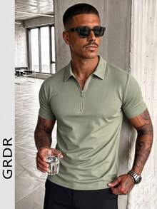 GRDR 男士夏季半拉链 Polo 领短袖 T 恤，适合户外休闲穿着 - 綠色 - 查看 5