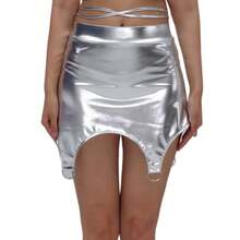 Performance Dress With A Patent Leather Skirt Featuring Gold Embossing. A Unique And Shimmering Design That Flatters And Slims The Figure, Perfect For Nightclubs. Party Wear, Dropshipping Available. - 銀色 - 查看 1