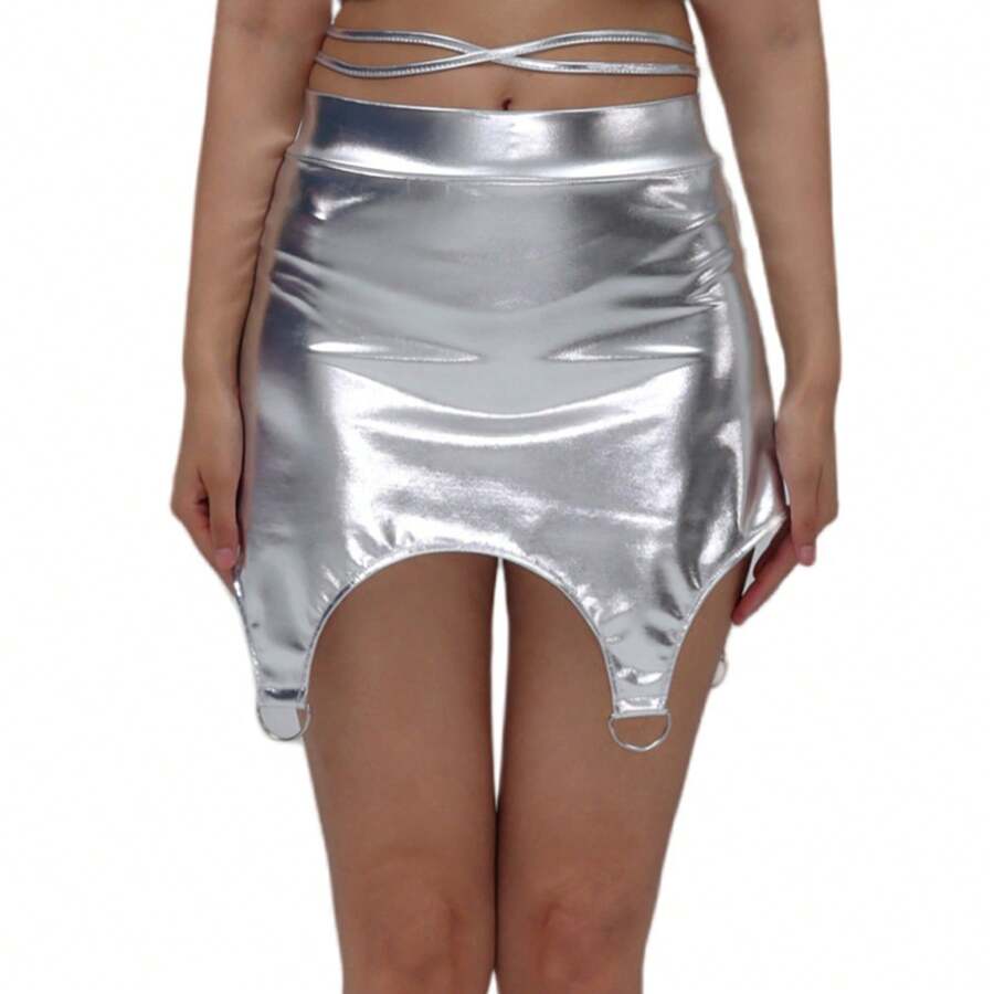 Performance Dress With A Patent Leather Skirt Featuring Gold Embossing. A Unique And Shimmering Design That Flatters And Slims The Figure, Perfect For Nightclubs. Party Wear, Dropshipping Available. - 銀色 - 查看 1
