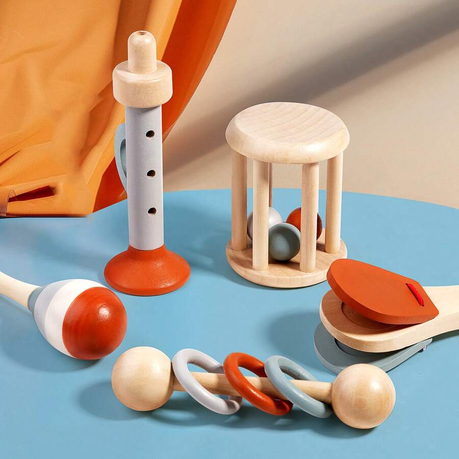 5pcs Kids Early Education Hand Bell Set, Musical Enlightenment Sand Shakers, Baby Hand-Grip Rattles, Wooden Musical Instruments Toys, Baby Music Enlightenment Early Education Gift Box