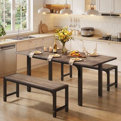 Bealife 3 Piece Extendable Dining Table Set With 2 Benches, 47.3"-63" Flip Expandable Kitchen Set For 4-6 People, Space Saving Wood Grain Dining Set With Adjustable Legs For Small Apartment Daily Use & Gathering