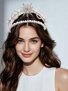 1pc Bridal Rhinestone Crown Pentagram Moon Tiara Faux Pearl Headpiece Party Evening Dress Decoration, Coronas - Multicolor - View 2