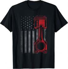 Camiseta unisex de manga corta, camiseta vintage con estampado de pistón, coche de carreras, mecánico, bandera de EE.UU., patriótica, y2k, ropa deportiva, , fuera del campus, gimnasio - Negro - Ver 1