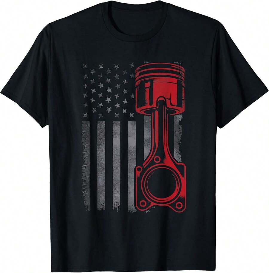 Camiseta unisex de manga corta, camiseta vintage con estampado de pistón, coche de carreras, mecánico, bandera de EE.UU., patriótica, y2k, ropa deportiva, , fuera del campus, gimnasio - Negro - Ver 1