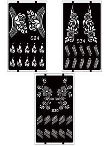 3pcs Set Hana Hand-Drawn Hollow Tattoo Stencils Floral Pattern Nail Art Tattoo - Sexy Floral Design, Suitable For Hands, DIY Painting, Ink, Reusable Mehndi Design Template Stickers - Black - View 6