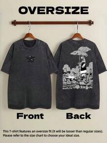 Camiseta Negra Oversize Lavada Estilo Vintage con Gráficos, Ropa para Hombre y Mujer, Diseño 'Umbrella Girl Ruins', Camiseta sin Mangas de Felpa Francesa Estilo Boxy Anime, Ropa Urbana Estil - Negro - Ver 4