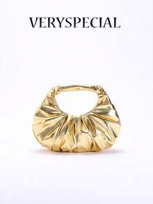 Bolso de mano para mujer, novedad de primavera 2024, de una sola pieza, de color sólido, con perlas sintéticas brillantes, diseño de nube en PU, moderno y con costuras concisas. - Caqui - Ver 1