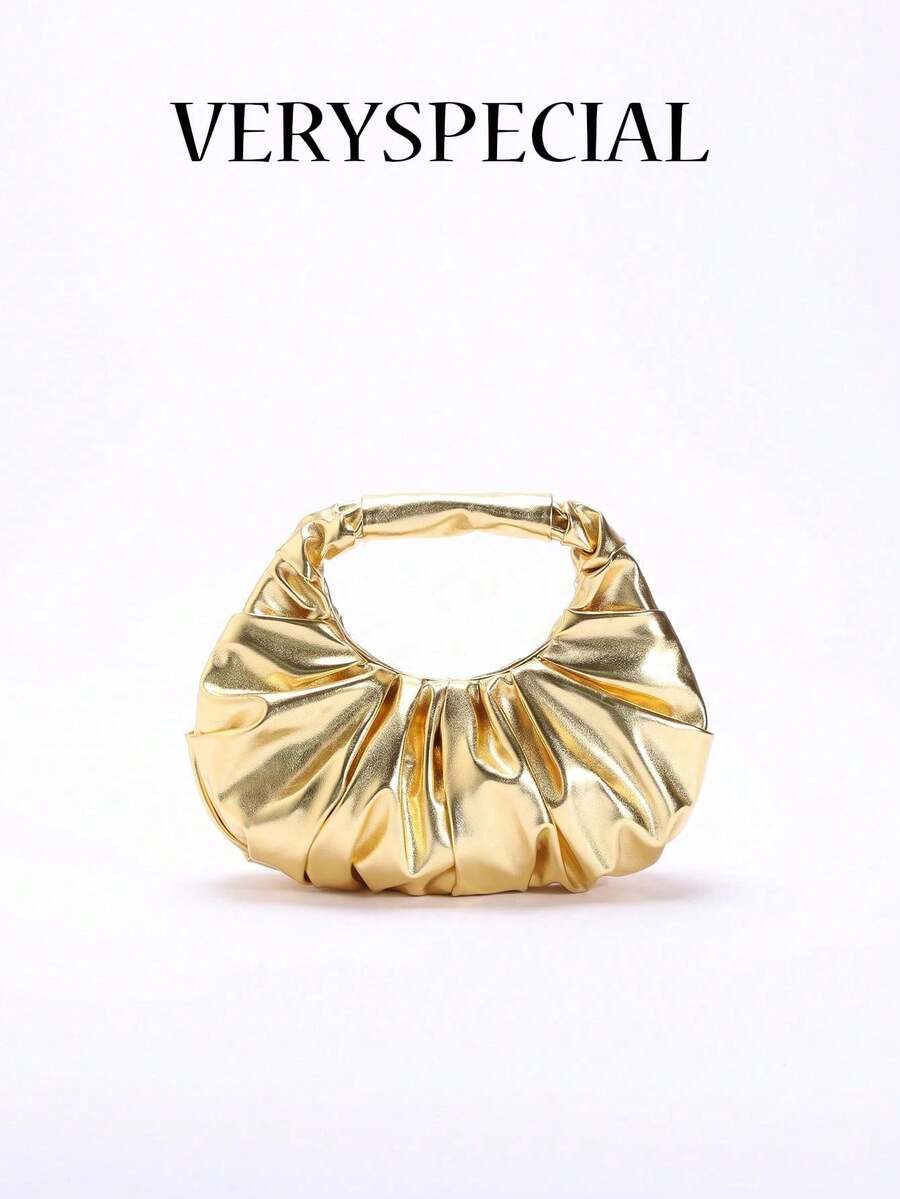 Bolso de mano para mujer, novedad de primavera 2024, de una sola pieza, de color sólido, con perlas sintéticas brillantes, diseño de nube en PU, moderno y con costuras concisas. - Caqui - Ver 1