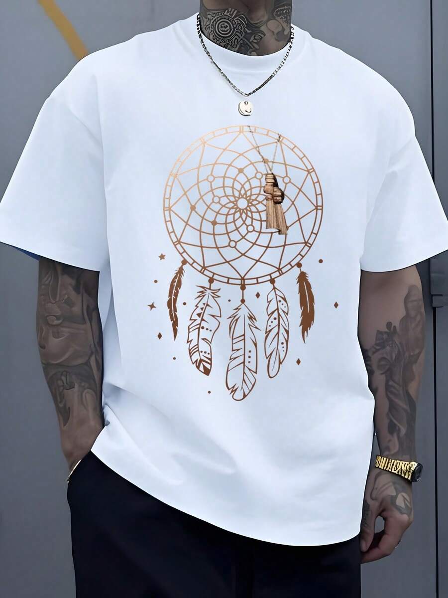 Atrapasue?os dorado símbolo de protección espiritual y buena energía camiseta de hombre moderna casual cómoda y versátil para verano - Blanco - Ver 1
