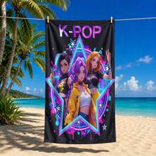 1 pieza Toalla de playa con estampado de grupo de chicas K-POP multicolor, material de microfibra, secado rápido, suave y absorbente, adecuada para baño, playa, piscina, gimnasio, toalla de baño versátil de uso múltiple - Negro - Ver 2