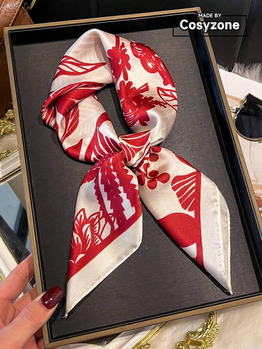 1件仿絲優雅花卉印花70cm正方形女款方巾 時尚百搭腰帶領巾裝飾絲巾 領帶髮飾 日常穿搭適用 - 紅白色 - 查看 1