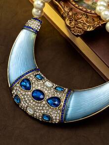 Collar de Perlas & Zafiros Estilo Corte Vintage, Versátil para Banquetes, Fiestas y Desplazamientos Diarios, Exquisito Ribete de Strass Completo con Diseño Degradado Azul, Elegante y Sofisticado, Regalo de Aniversario Perfecto para la Novia o la Mejor Amiga - collar - Ver 3