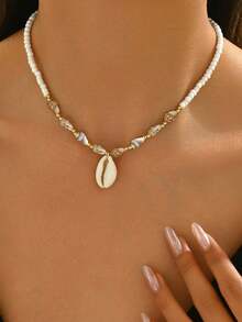 pieza de collar de conchas marinas naturales hecho mano con colgante de estrella de mar en tono dorado, collar de estilo oceánico la moda, adecuado para mujeres, vacaciones, fiestas y - Cuentas de arroz + conchas - Ver 4