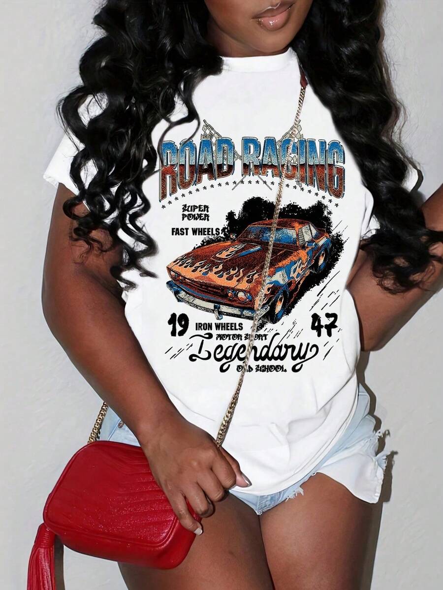 Youth T-Shirt Vintage Car Print Short Sleeve Round Neck Urban Rock Style Fashion Streetwear Top Urban Women's Clothing Graphic - 白色的 - 查看 1