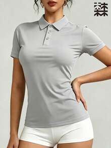 mulinsen 女款運動 Polo 衫 T-shirt，純色休閒薄款短袖上衣，輕量冰絲透氣翻領短袖，時尚鈕扣領設計，適合戶外休閒、女款高爾夫服飾、網球女裝、馬術騎乘上衣 - 深灰色 - 查看 3