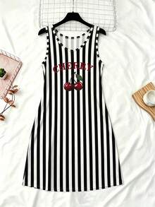 2pcs Women's Striped V-Neck Letter & Cherry Print Tank Top Pajama Set, Cherry Pajama Dress Loungewear - Multicolor - View 4