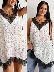 Freevana casual de de talla para mujer con lunares y parches de encaje - Blanco y Negro - Ver 1