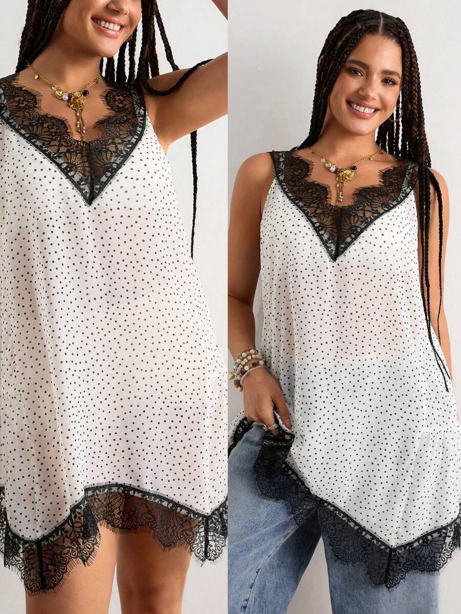Freevana casual de de talla para mujer con lunares y parches de encaje - Blanco y Negro - Ver 1