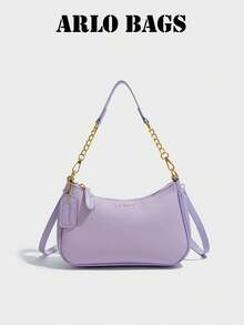 Fashion Solid Color Shoulder Bag, Top Handle PU Chain Splicing Shoulder Strap, Pendant Decoration, Suitable For Students, Teachers, Educators And Young Fashion Enthusiasts, Perfect For Work, Commute, Travel, Vacation, Evening Party And Various Occasions - Purple - View 7