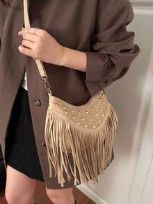 1 buah Tas Selempang Minimalis Unik Warna Polos, Bahan Suede Khaki Halus, Resleting Halus, Hiasan Rivet dan Rumbai, Cocok untuk Wanita - Khaki - View 5