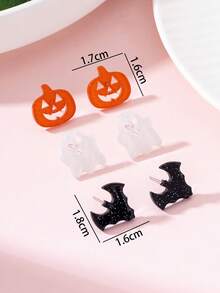 3 Pairs/Set Halloween Horror Pumpkin Ghost Bat Design Women's Stud Earrings Set, Perfect Gift For Holiday Parties - Multicolor - View 4