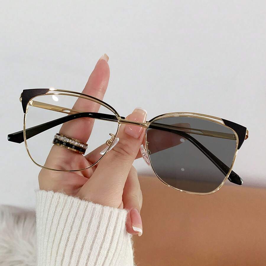 Modern Color-Changing Glasses, Flat Metal Frame With A Fashionable Hollow Design, Retro Color-Changing Glasses. - 黑金框 - 查看 1